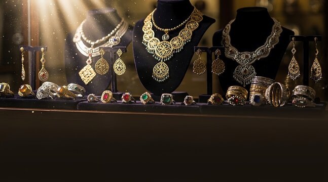 Elegant display of traditional golden jewelry with intricate necklaces, gemstone rings and earrings