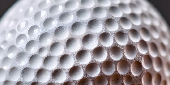 Extreme closeup of the textured dimpled surface of a white golf ball showing shallow circular depressions and soft shadowing.