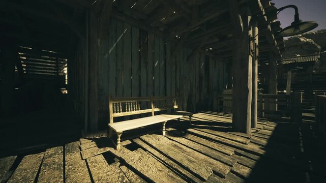 Bright sunlit outpost interior with bench. Lowangle light slices through broken shutters, beams and dust motes suspended in warm air, rough timber posts