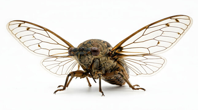 Close-up isolated cicada insect with translucent wings spread on white background for design use
