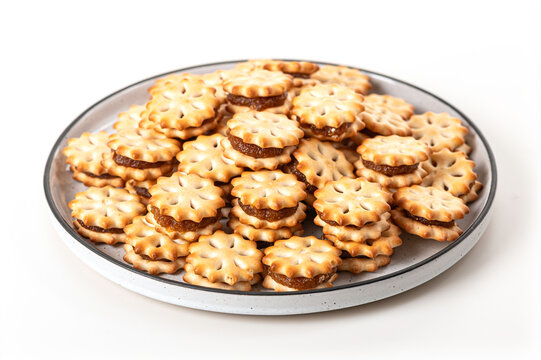Generous serving of crispy flower-shaped biscuits filled with sweet pineapple jam on white ceramic plate, isolated on white. A popular classic Thai snack for tea time or coffee break.