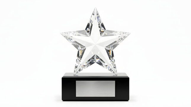 Glittering crystal star trophy on black base isolated for corporate awards and achievements