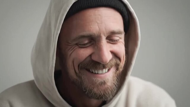 Bearded man in white hoodie laughing heartily