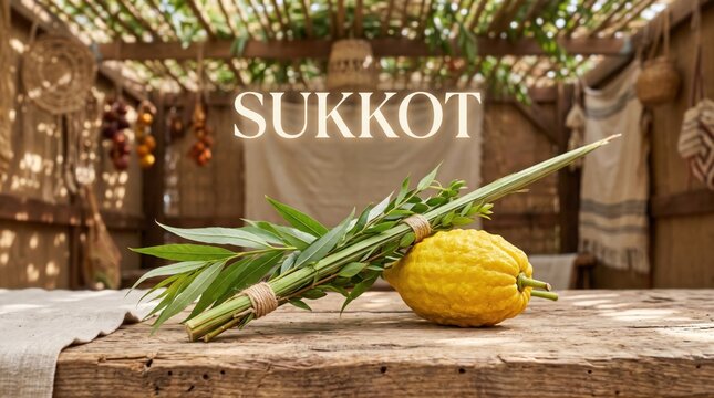 Lulav and etrog resting on a rustic wooden table inside a sukkah with woven bamboo roof and hanging decorations for the jewish holiday of sukkot
