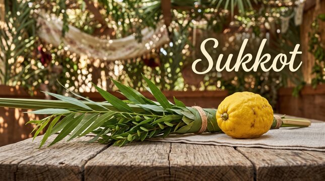 Lulav and etrog set resting on a rustic wooden table with a linen cloth under a leafy sukkah canopy with the word sukkot written in white script text