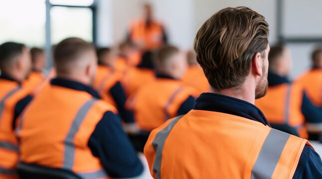 Workers in reflective vests attending a professional construction safety seminar