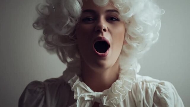 Laughing woman in vintage white wig and ruffled collar.