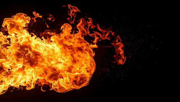 Explosion of Vibrant Orange Fire and Embers Against a Dark Black Background with Dynamic Flames and Sparks