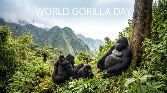 Mountain gorilla family resting in lush green tropical foliage with a large silverback leaning against a tree trunk and mountains in the background under a cloudy sky with gorilla day text