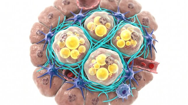 3D Microscopic Diagram of Hepatocyte Ballooning and Fibrosis in NASH
