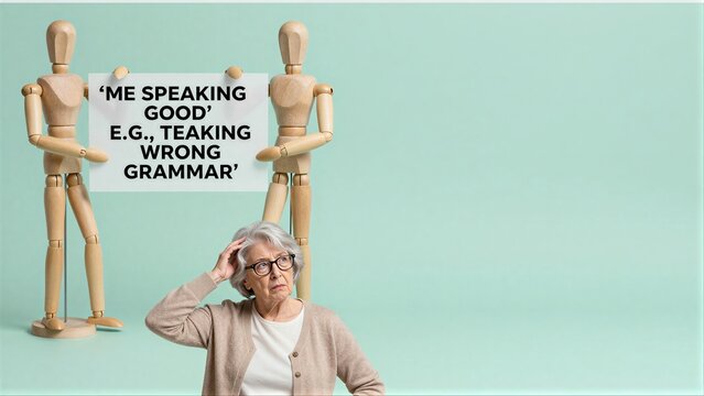 Wooden figures hold a sign criticizing grammar, while an elderly woman looks confused.