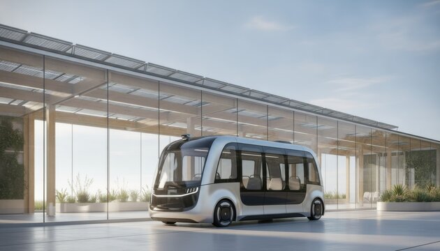 Autonomous Shuttle Bus Parked at Modern Sustainable Transit Station