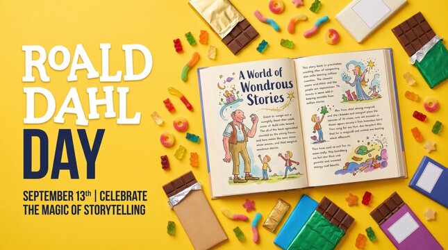 Open book titled a of wondrous stories surrounded by chocolate bars and colorful gummy candies on a bright yellow background for roald dahl day celebration
