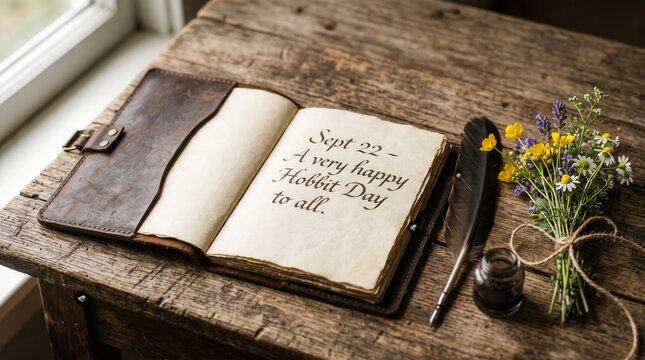 Open leather journal with handwritten text sept 22 a very happy hobbit day to all beside a black quill pen and a small bouquet of wildflowers on a rustic wooden table