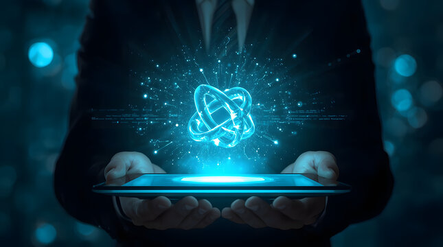 Abstract Blue Digital Network and Data Glowing Hologram Over Business Person Hand Representing Technology