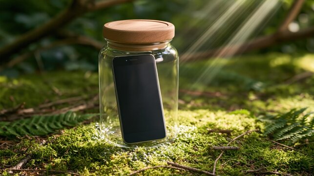 Smart phone inside a glass jar on mossy forest floor for digital detox disconnect
