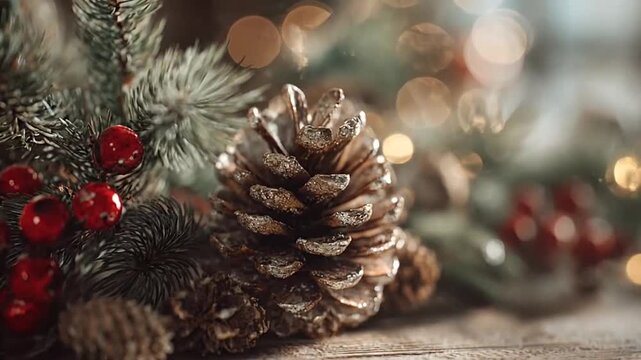 Pine cones and red berries on evergreen branches.