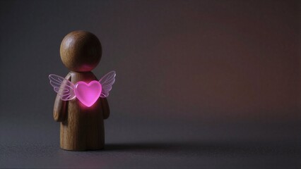 Fototapeta premium Wooden angel with glowing pink heart and delicate wings, standing alone on dark surface.
