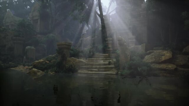 Misty stone stair ascent framed by ruined columns, shafts of light, damp moss carpets, still water reflecting stair silhouette, evocative mood for exploration