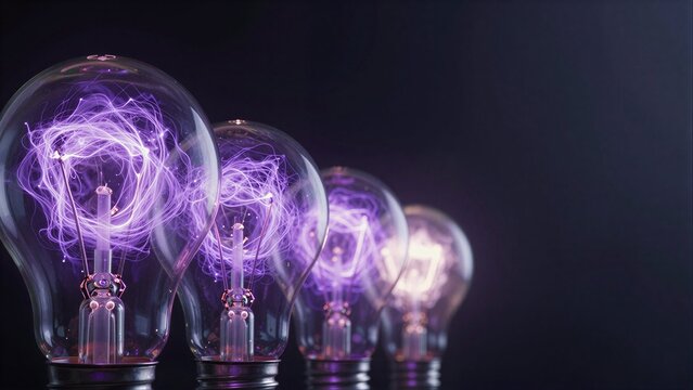 Purple electric sparks glow inside a row of illuminated light bulbs against dark background.