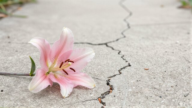 Pink lily lies beside cracked pavement, symbolizing fragility and resilience.
