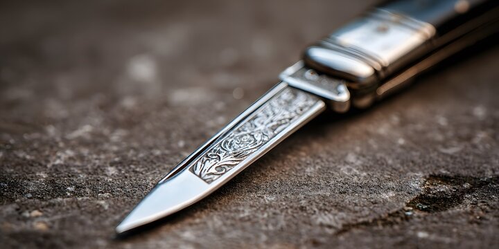 Vintage folding pocket knife featuring intricate floral etching on the blade surface