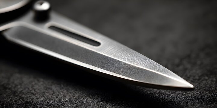 Close up view of a sharp metal knife blade resting on dark surface