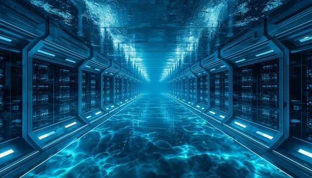 Deep Subsea Underwater Data Center Corridor with Glowing Water Caustics and Server Cabinets