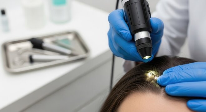 Dermatologist examines scalp with dermatoscope, diagnosing hair loss and skin conditions.