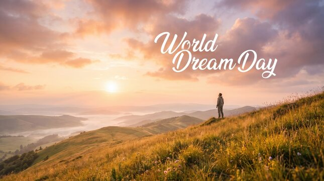 Person standing on a grassy hillside overlooking rolling mountains during a golden sunrise with the white text overlay dream day written in a cursive script font against a cloudy sky