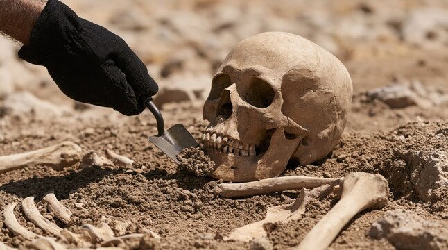 Archaeology expert using a trowel for the excavation of a human skull and bones