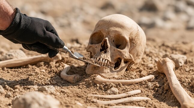 Archaeology expert using a trowel for the careful excavation of a human skull bone
