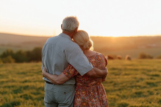Couple senior elderly in love embrace together in a meadow at a romantic sunset