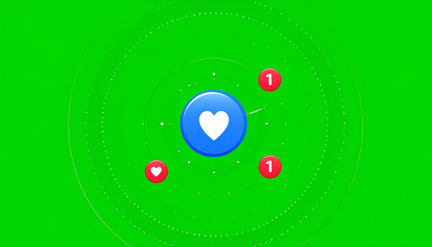 Animated social media heart icon with notification badges and abstract circular background on green screen chroma key
