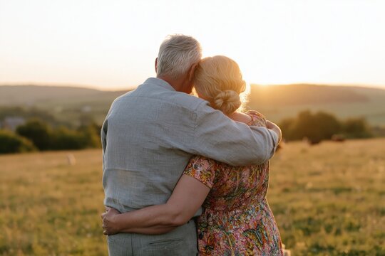 Couple senior elderly in love enjoying a romantic sunset hug together in a field