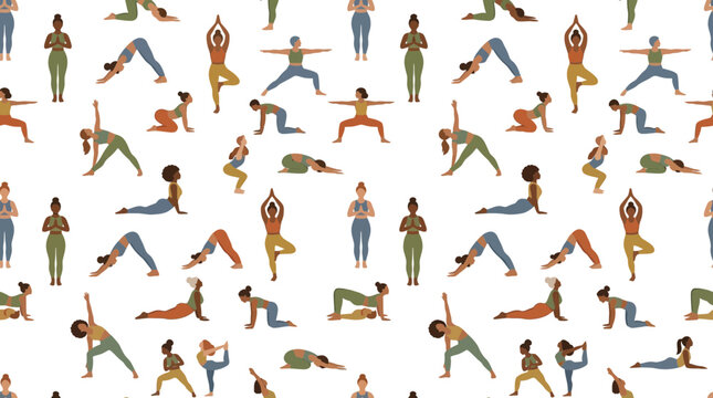 Seamless Pattern of Diverse Women Practicing Yoga Poses