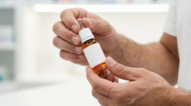 Hands Holding Small Amber Dropper Bottle with Blank Label Containing Liquid for Health Products