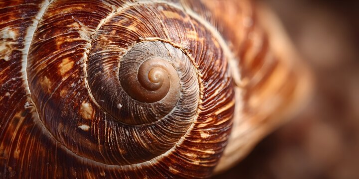 Macro shot of a brown land snail shell showing its intricate spiral pattern