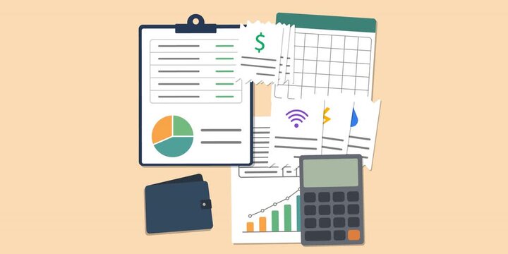 Utility bills, recurring household costs, everyday spending, receipts and organized budget planning. Household expense management concept scene. 