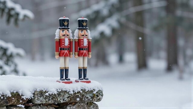 Two nutcracker soldiers stand on snow-covered rocks in a snowy forest.