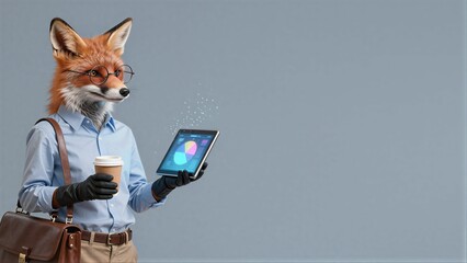 Naklejka premium Fox in glasses holds tablet and coffee, analyzing data with professional flair.