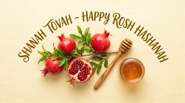 Rosh hashanah greeting with red pomegranate fruits green leaves and a wooden honey dipper beside a small glass jar of golden honey on a textured beige background with brown handwritten text