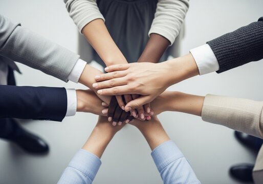 Diverse business team stacking hands together in unity partnership and collaboration concept