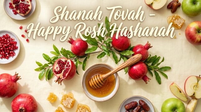 Shanah tovah happy rosh hashanah greeting with pomegranates honey dipper bowl of honey green and red apples and dates on a light textured background