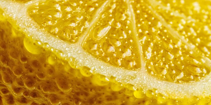 A closeup view showing the glistening juice sacs and fibrous white pith inside a sliced yellow lemon.