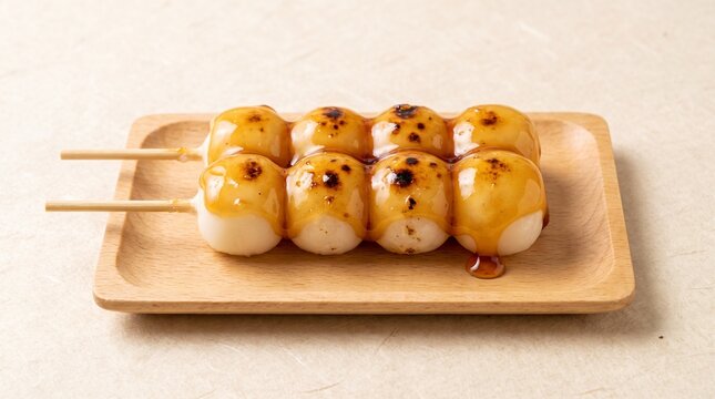 Mitarashi dango on a wooden plate