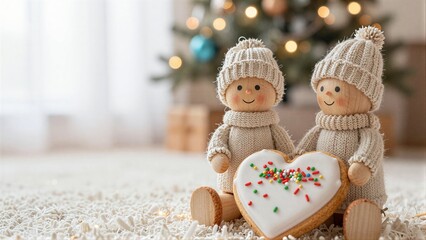 Fototapeta premium Two wooden dolls in knitwear hold a heart-shaped cookie, festive Christmas scene.