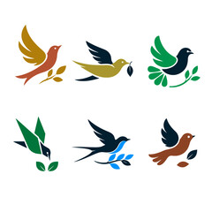 Fototapeta premium Collection of six colorful stylized bird illustrations featuring flying and perched birds with leaves and branches. Clean modern vector-style designs suitable for nature logos, bird