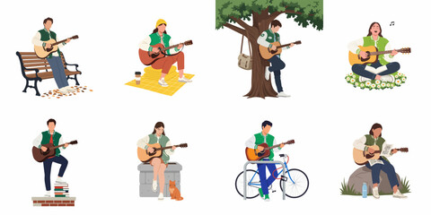 Naklejka premium Collection of flat vector illustrations of young people playing acoustic guitars in various outdoor and casual settings, featuring a green and white varsity theme.