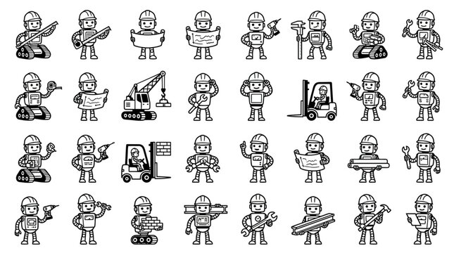 Construction worker robot icons displaying industrial tasks and machinery in line art.
